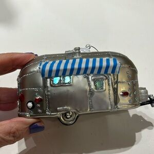 Air Stream Camper Christmas ornament, silver/gray 5” vacation trailer glass.